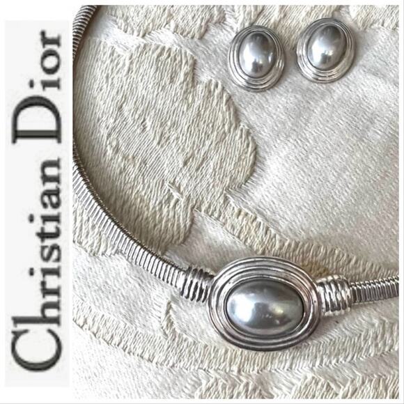 Christian Dior VTG 80s Silver Tone Choker & Earrings Set with Dior Gift Box - Picture 13 of 16